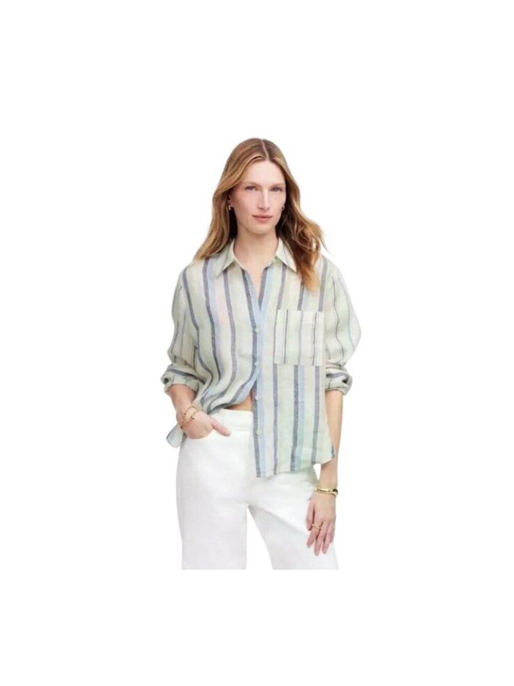 Madewell 100%Linen Easy Y-Neck Button-Up Shirt Stripe Women’s Medium Relaxed Fit